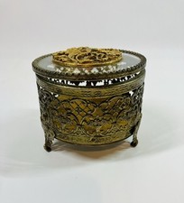 VTG Ormolu Jewelry Lidded Trinket Box Gold Tone Filigree  Hollywood Regency