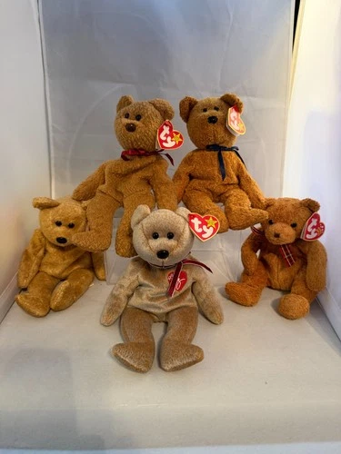 Vtg Lot 5 Ty Beanie Baby-Brown Bears-1999 Signature-Curly-Cashew-Woody-Fuzz