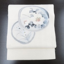 Japanese Kimono Nagoya Obi Silk Ink painting style, circle with floral pattern