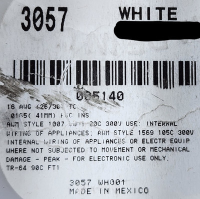 Alpha Wire 3057 #16awg Tinned Copper Hook Up Wire 300V 105C MTW TEW White /50ft
