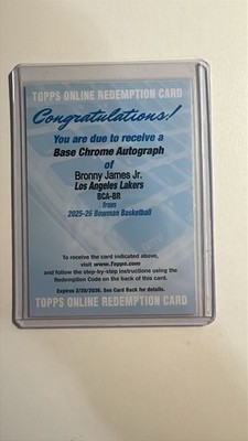 Topps Bronny James Jr. BCA-BR Auto Redemption Bowman Lakers Basketball NBA Card