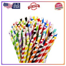 7.75' Striped Colorful Paper Straws 100ct Cute Fun Rainbow Straws 10 Colors