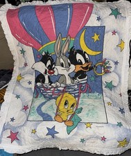 Vintage 1993 Looney Tunes Crib Comforter Blanket Ruffled Edge Hot Air Balloon TA