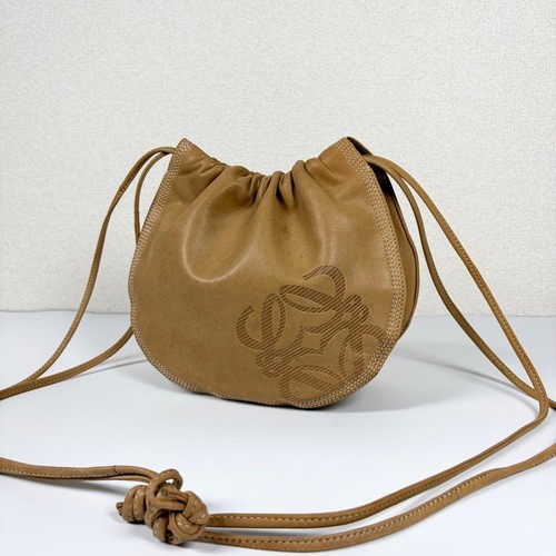 LOEWE Anagram Drawstring Shoulder Bag Beige Nappa Leather Authentic Vintage