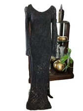 Free People Women XS Charcoal Cotton Lace Slit Sides Long Sleeve Maxi Dress V
