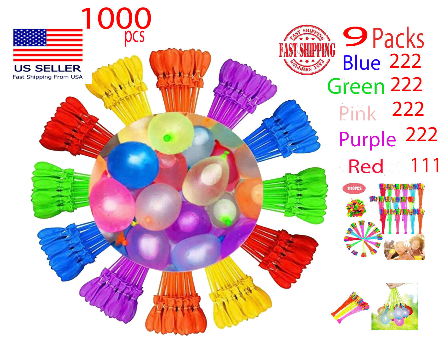 1000 Instant Easy Fast Quick Fill Self Sealing Water Balloons Set Bunch Toy