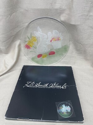 Cake Plate Easter Bunny Eggs with Box L E Smith Glass  13'' Painted Party