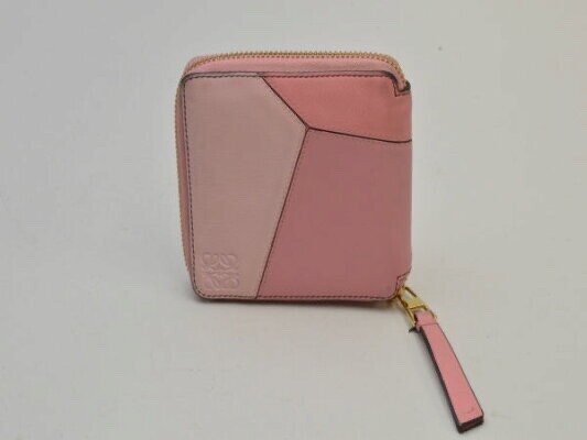 Auth LOEWE Puzzle Slim Bifold Wallet round zipper, pink, women 