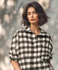 Splendid Plaid Button Up Crop Top Oversize Long Sleeve Collar Green Size Small