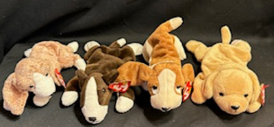 Beanie Baby puppies:  Bruno, Sniffer, Fetch, Tracker, all with tags