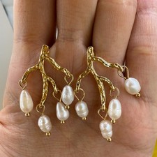 Natural Freshwater Pearl Earrings 14K Gold Plated Branch&Beaded Bridal Jewelry