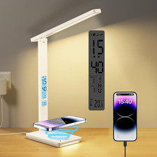 LED Desk Lamp Wireless Charger USB 5 Colour 5 Brightness LCD Clock Timer