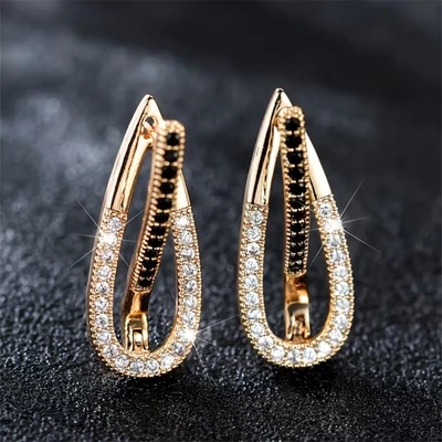 💎 Boucles d'oreilles créoles femmes or zirconium noir blanc élégantes... - Photo 1/4