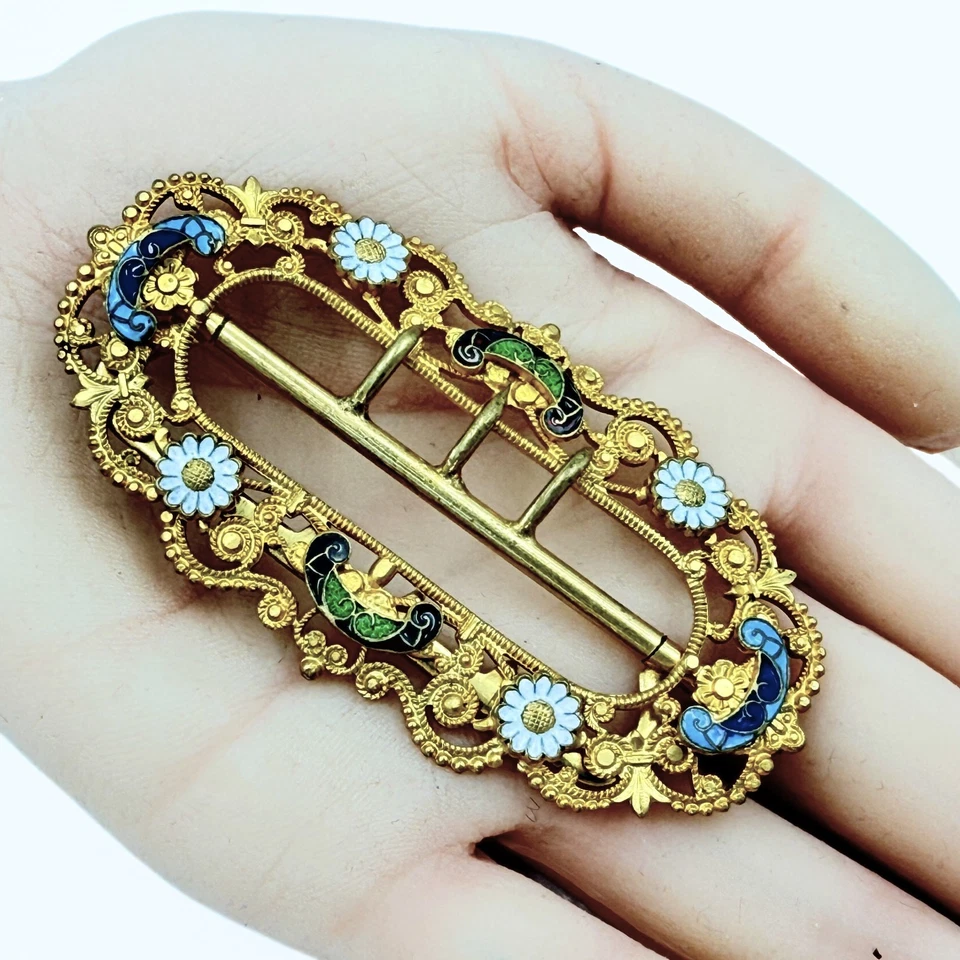 Antique Victorian French Gold Gilt Floral Enamel Belt Buckle - Image 3 of 4