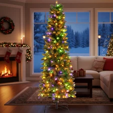 6ft Pre-Lit Artificial Slim Pencil Christmas Tree w/LED Colorful Light Xmas Tree