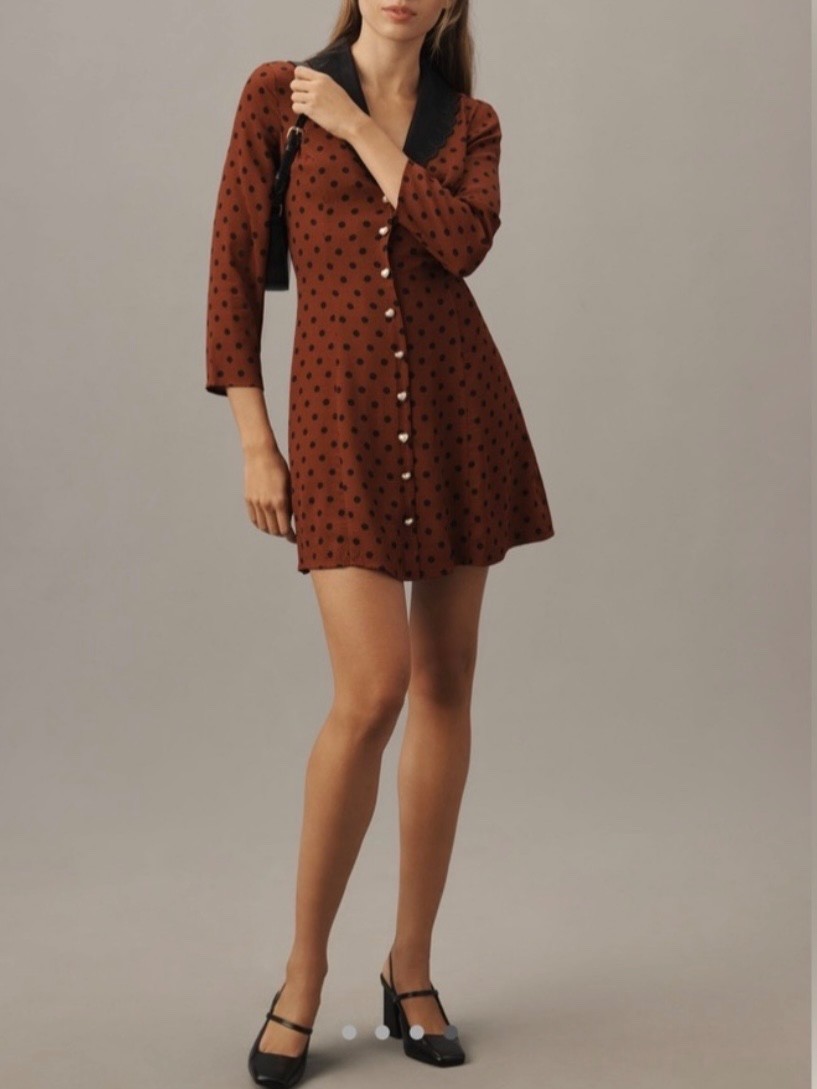reformation brown polka dot dress Galene In Fig Jam Dot, brand new, never worn Alice & Olivia - Color:Black / Gold Mini dresses This polka a line bridesmaid dress