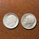 Lot of 2 pre-1965 Roosevelt silver dimes. 90% silver. Circulated condition.