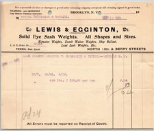 1910 Brooklyn NY Letterhead Lewis & Egginton Solid Eye Sash Weights Dumb Waiter