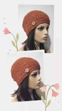 crochet handmade womans button hat beanie rusty umber clusters new