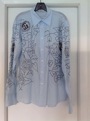 Men's Gaudi button down shirt, light blue with embroidery, size L