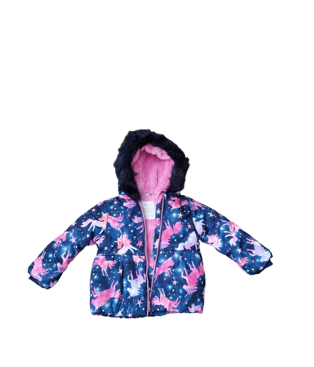 Kids Girls TU 9 12 Months Winter Padded Unicorn Coat With Fur Hood Blue Pink