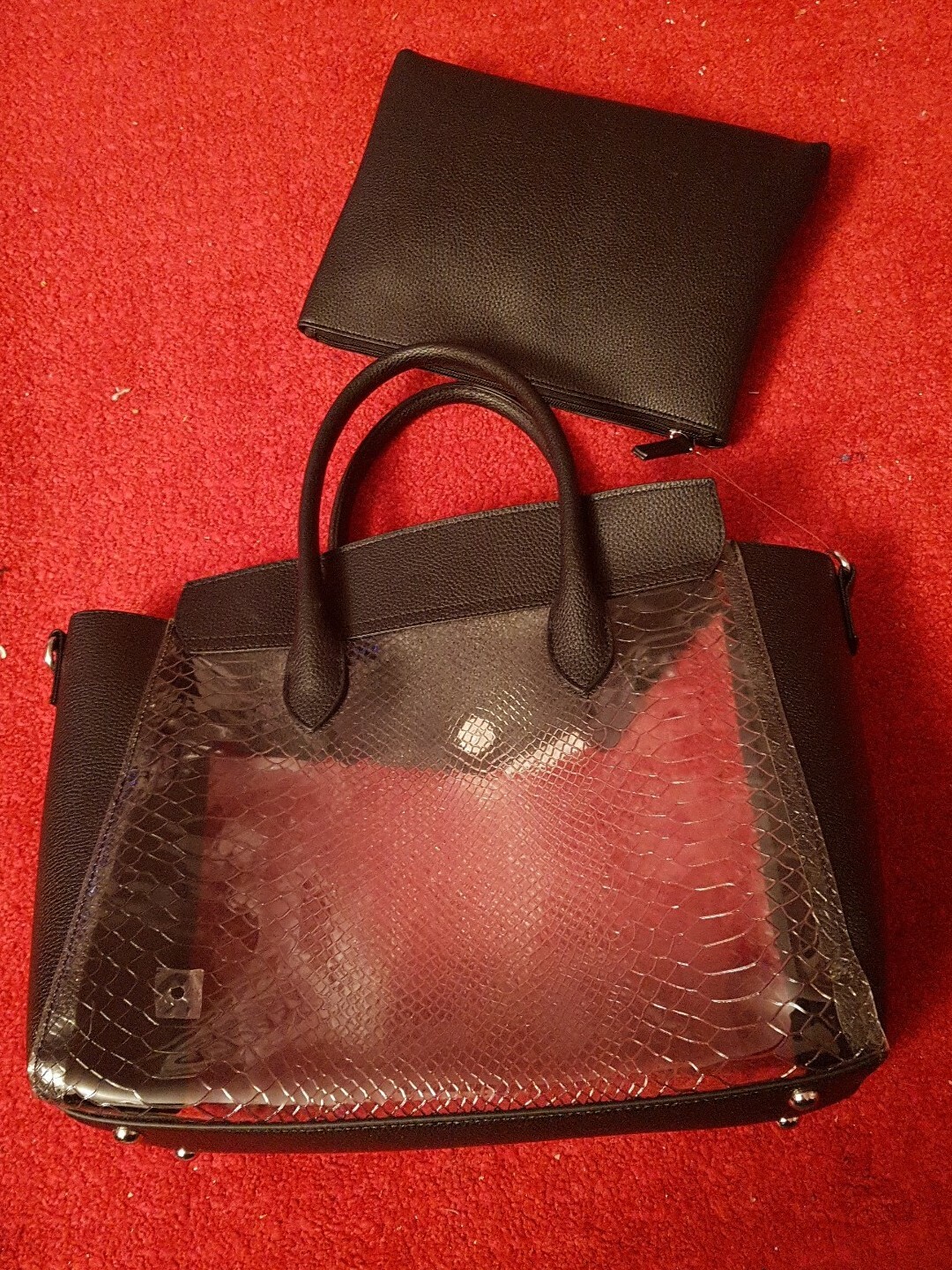 Primark Ladies Large Tote Handbag Black  Transparent mix mat. Inner pouch. BNWT image 5