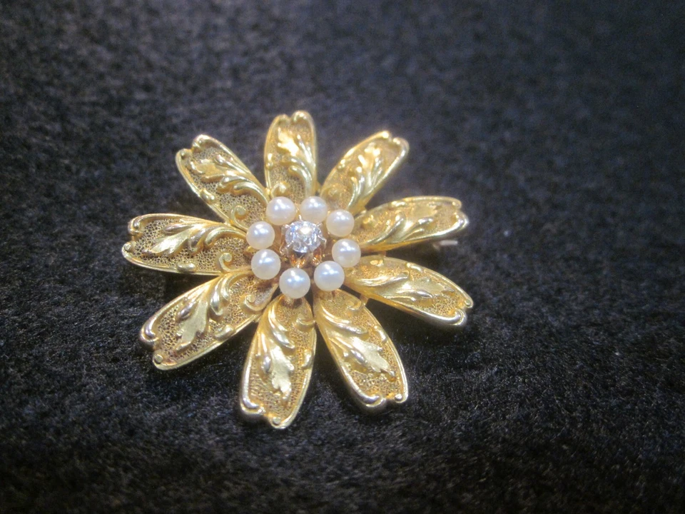 Broche prendedor flor perla semilla diamante oro 14K 5,2 gr antiguo eduardiano victoriano Foto 2 de 4