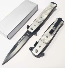 Mother of Pearl MOP Stiletto Spear Point Spring Open Assisted Pocket Knife White