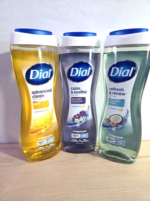 Dial vitamin E calm & soothe, advanced clean, and refresh & renew body washes 