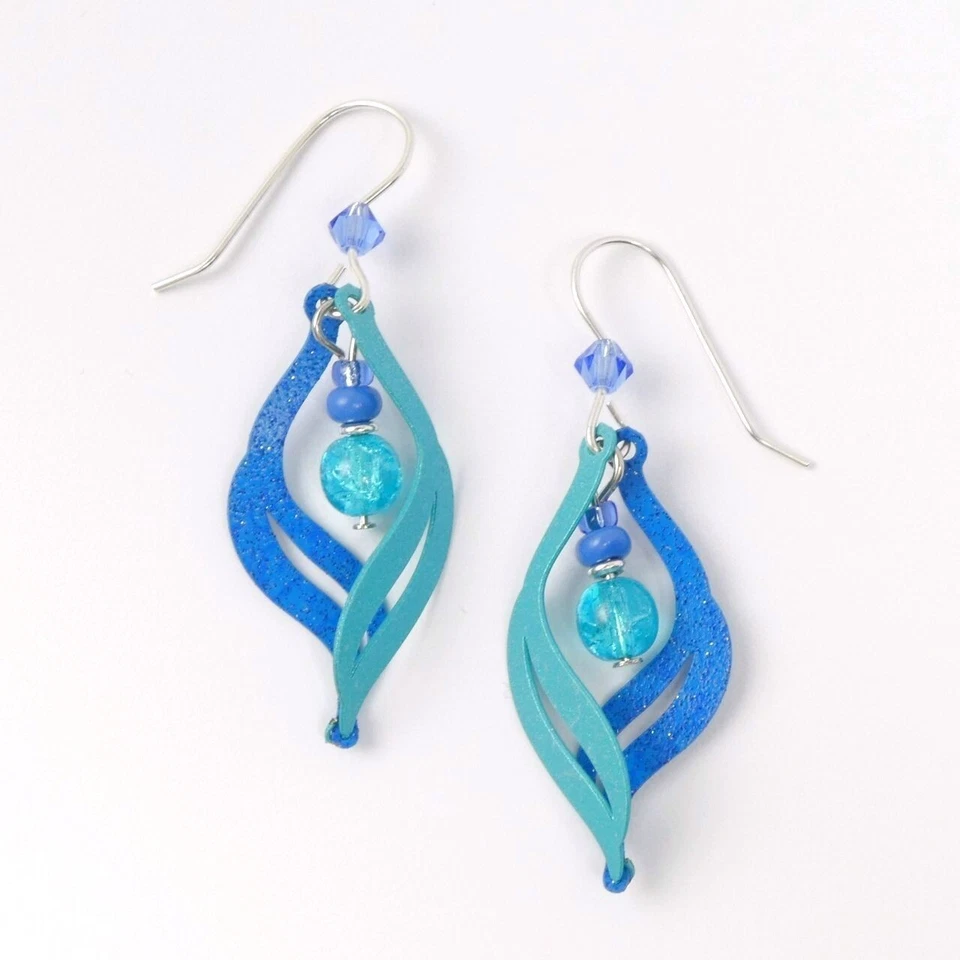 Brincos Adajio azul tropical e azul-petróleo dividido curva "S" com gota de miçangas feitos à mão - Imagem 2 de 4