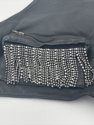 Free People Black Leather Halter Vest Beaded Fringe Pockets  display picture 2