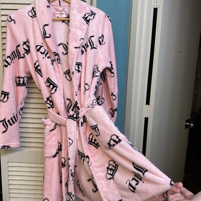 Juicy Couture Pink Belted Plush Luxe Robe With Black Crowns Logo Size L/XL  NWT