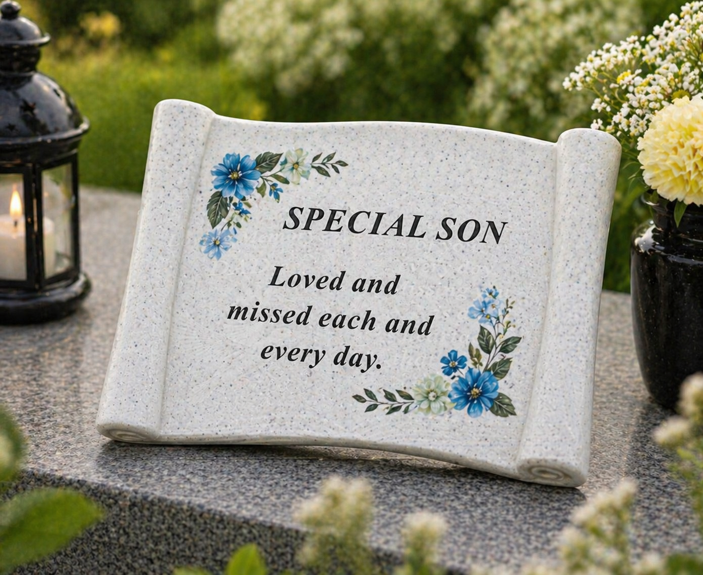 Son Memorial Graveside Ornament Garden Tribute Scroll Plaque Blue Flowers Missed
