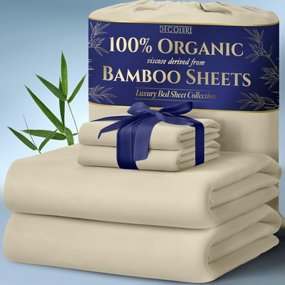 Bamboo Viscose Queen Sheets 4pc Set - Cooling Deep Pocket Double-Stitched Luxury