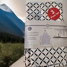 New 3 pcs Chambray Apron Set Oven Mitt Pot Holder. 100 Cotton black white.