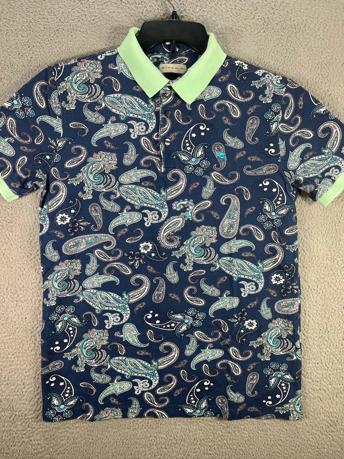 Etro Paisley Polo Shirt Mens Extra Large Blue Pullover Colorful AOP Extra Slim