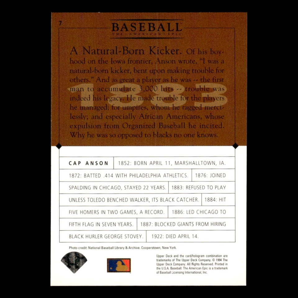 Tarjeta de béisbol Cap Anson #7 1994 Upper Deck American Epic MLB casi nueva Foto 2 de 3