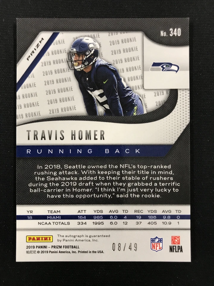 2019 Panini Prizm #340 Travis Homer Seattle Seahawks Purple Power /49 AUTO RC - Image 2 of 2