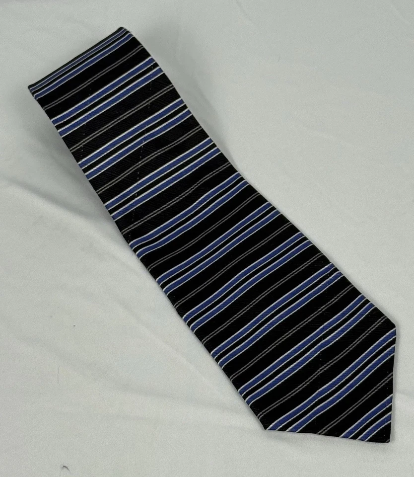 SAVILE ROW Men’s 100% Silk Classic Necktie Designer STRIPED Black/Blue - Image 2 of 4