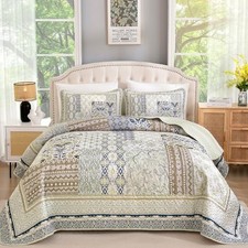 Boho Quilt Set 3 Pieces Patchwork Bedspread Coverlet Set,Soft Queen Beige