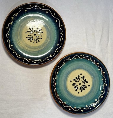 Crate & Barrel Plates Blue Painted Terra Cotta Portugal 6in Party Plate Set Of 2