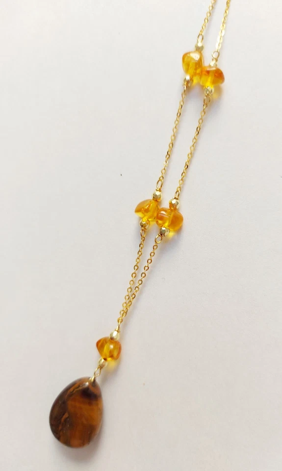 Collana in argento 925 laminata in oro con ambra occhio di tigre ematite dorata - Immagine 4 di 4