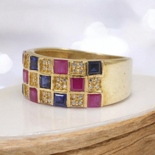 Ruby Square Cut With 925 Sterling Silver Gold Plated Ring For Men's #A114 - Picture 3 of 6