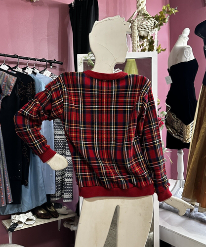 Vintage 80s 90s Tartan Plaid Sweater Cardigan Chunky Red Green Oversized XS/S - Picture 6 of 7