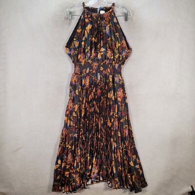 Melloday Black Floral Pleated Halter Keyhole Flowy Sexy Midi Womens Dress  Size S | eBay