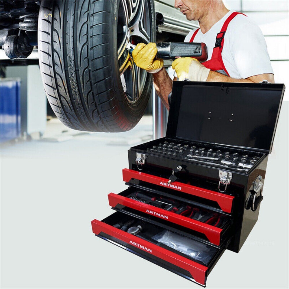 3 Drawers Tool Box with Tool Set Lockable Tool Cabinet with Handle Black & Red