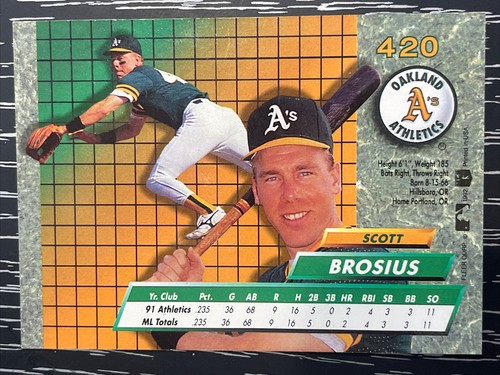 1992 Fleer Ultra Rookie #420 SCOTT BROSIUS Oakland Athletics RC - Foto 2 di 2