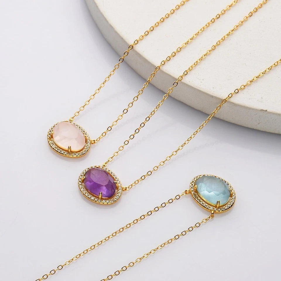 Elegante colar oval de pingente de quartzo rosa em prata esterlina 925, pingente de halo - Imagem 4 de 4