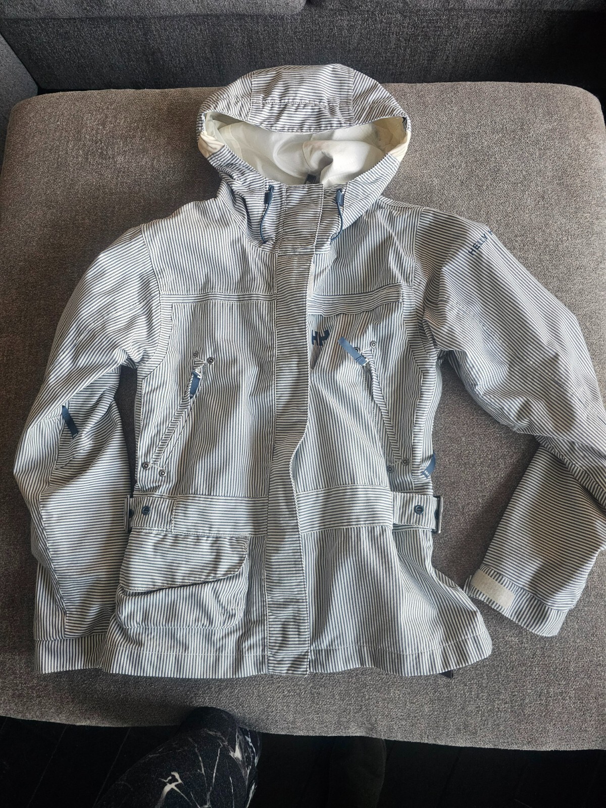 Blue and White Striped Helly Hansen Ski Jacket with Hood Zip Pockets and Arm Vents