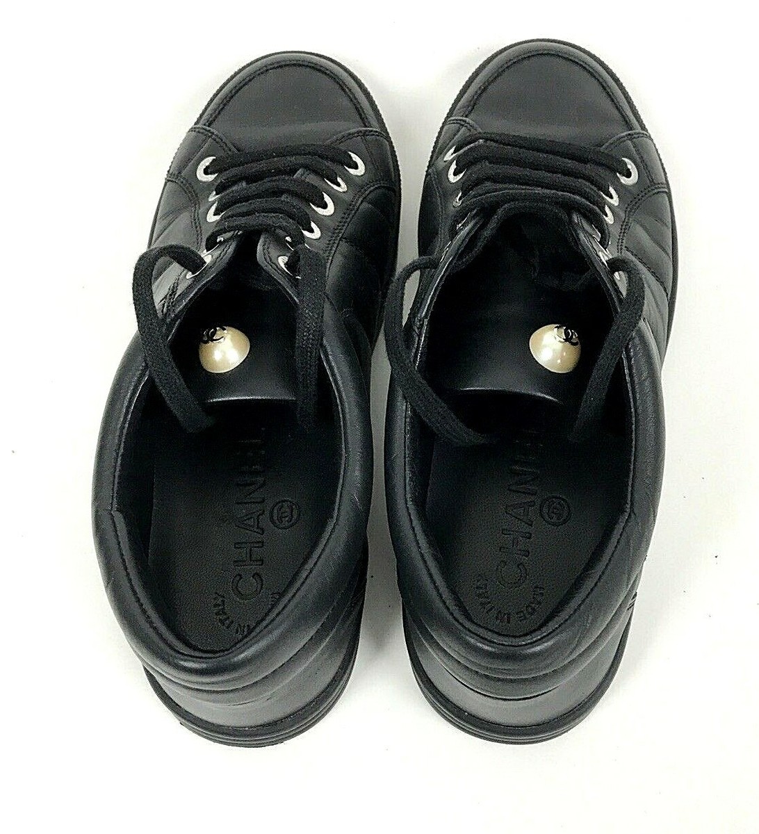 CHANEL Runway AUTHENTIC Women's 36/5 M Pearl Logo Black
